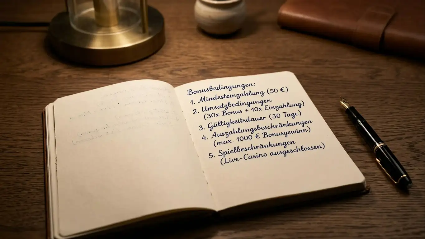 Notizbuch mit Stift und aufgelisteten Bonus-Begriffen