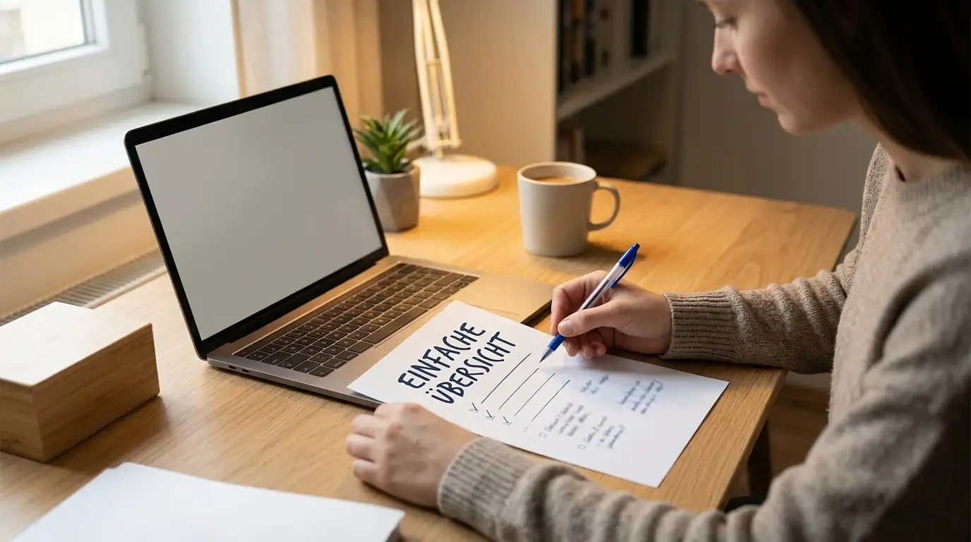 Person am Schreibtisch prüft mit Stift und Notizblock eine Bonusrechnung ohne Taschenrechner