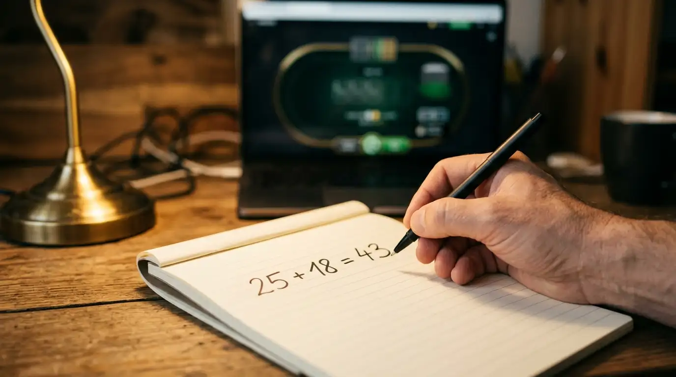 Notizblock mit handschriftlicher Umsatzrechnung neben einem Laptop mit neutraler Casino-Oberfläche