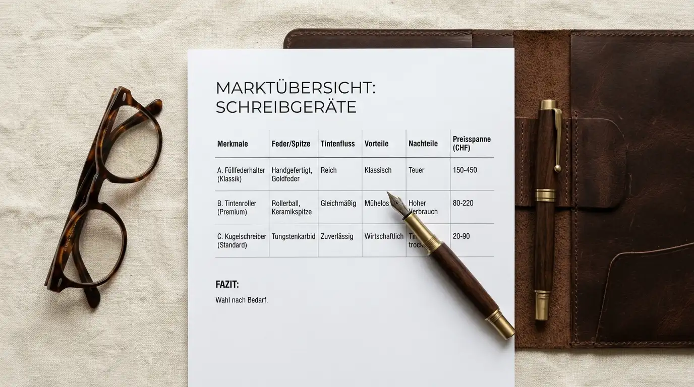 Redaktioneller Flatlay mit gedruckter Bonus-Vergleichstabelle und Füllfederhalter