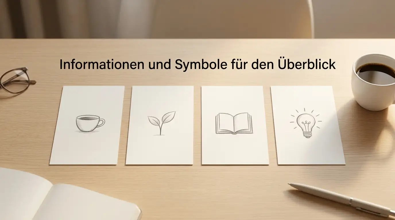 Vier Karten mit Symbolen für Freispiele, Gratisguthaben, Bonuscode und Treuegutschrift auf einem Schreibtisch