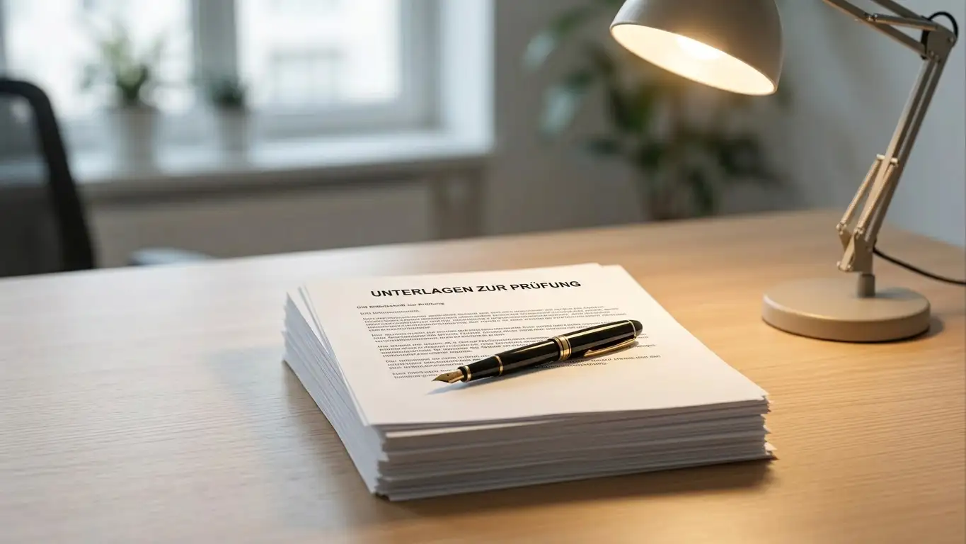 Stapel Dokumente und ein Kugelschreiber auf einem Schreibtisch, neutrales Bürolicht