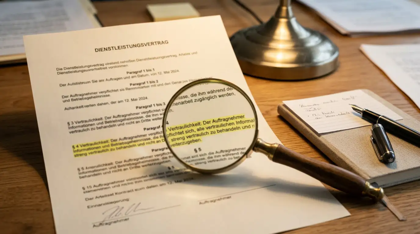 Lupe über einem Vertragstext mit Bonus-AGB und Markierungen am Rand