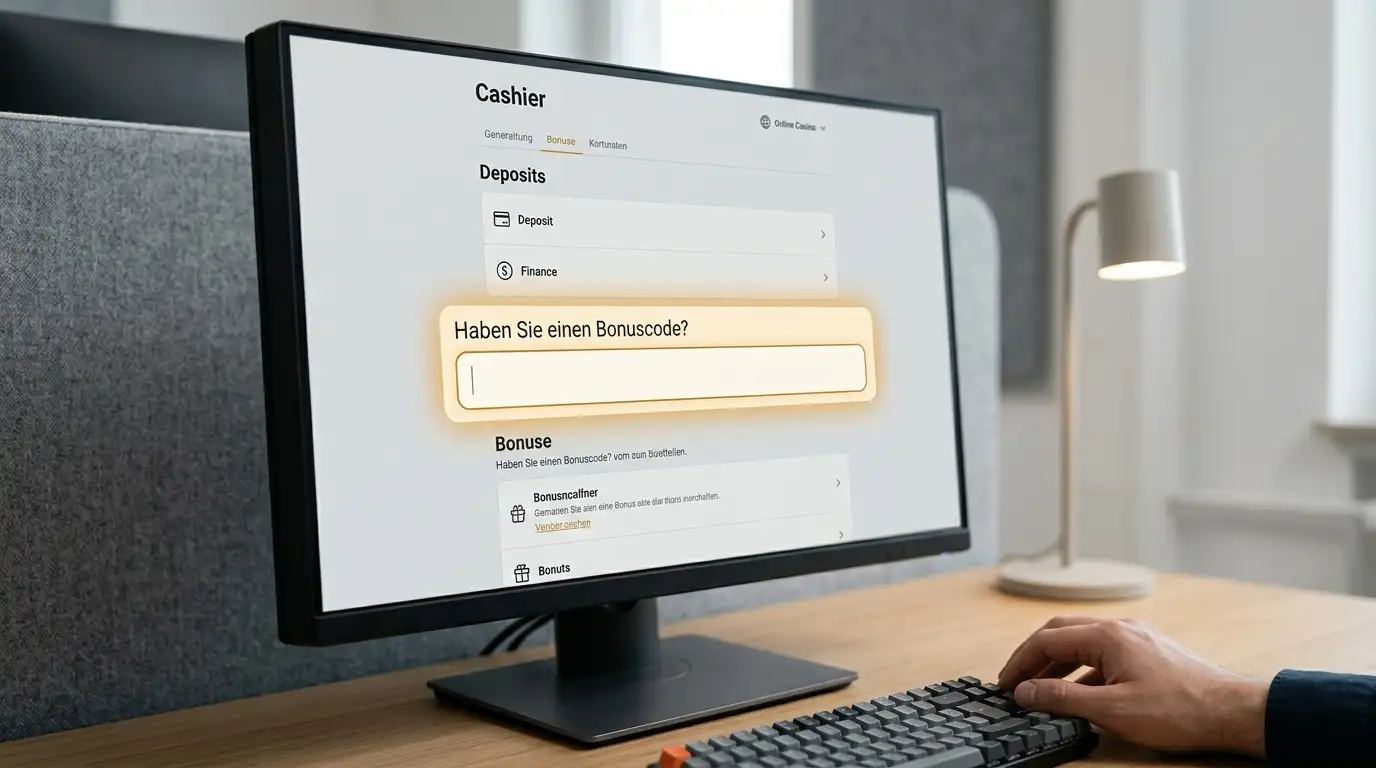 Bonuscode-Eingabefeld in der Kasse eines Online-Casinos auf hellem Hintergrund