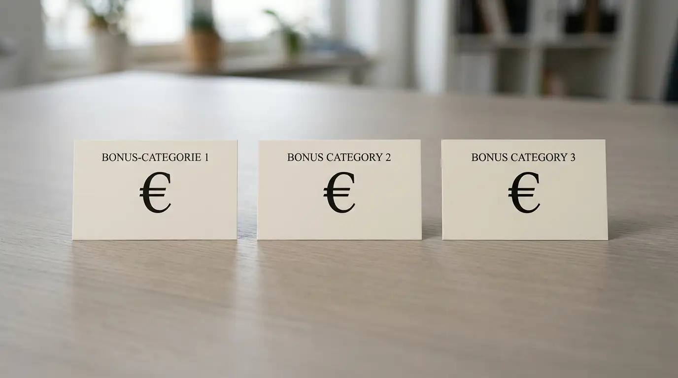 Übersichtstafel mit drei Karten für Cash-Freispiele, Cashback und Willkommensbonus auf einem Schreibtisch