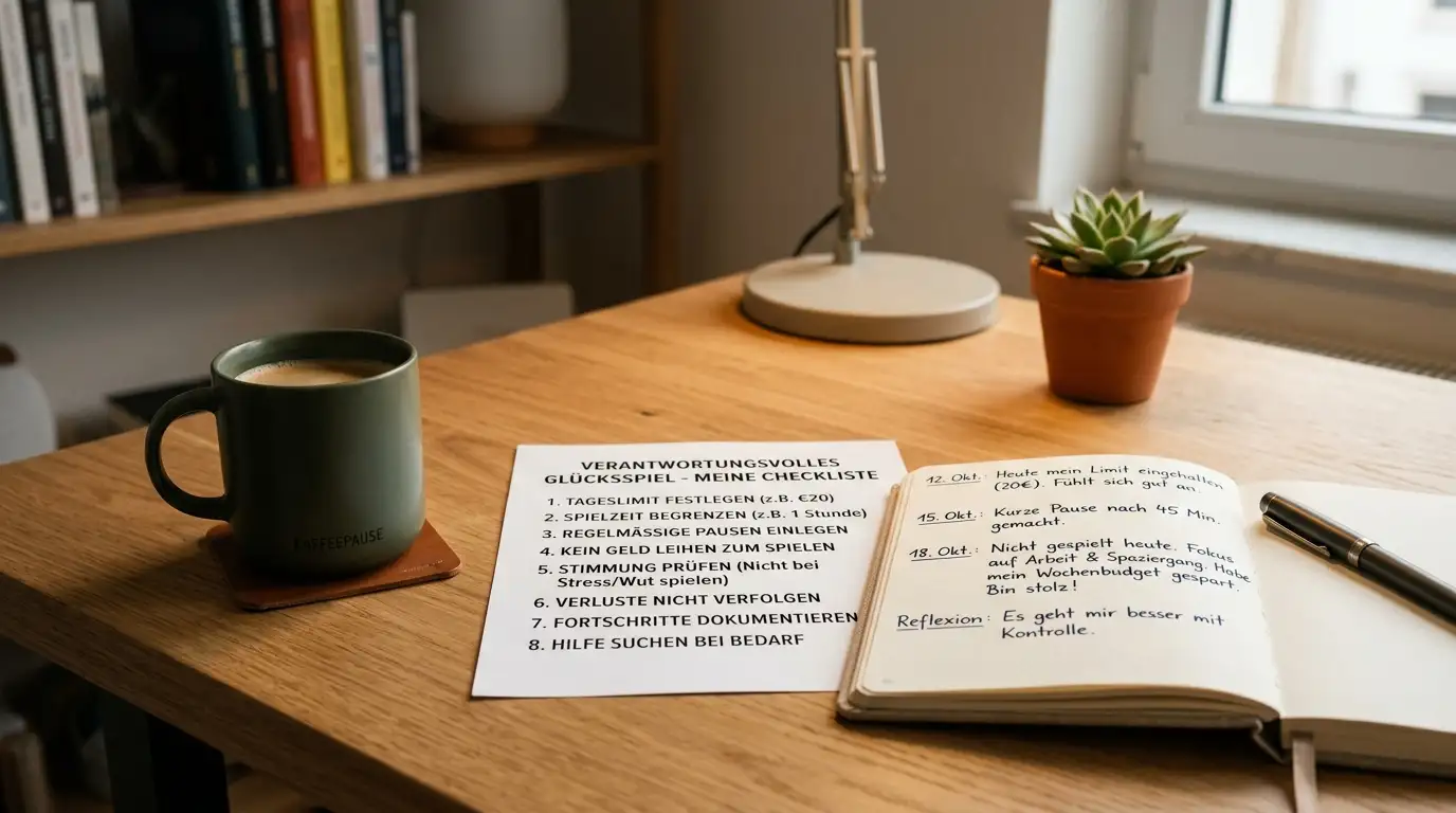 Schreibtisch mit gedruckter Checkliste zu Spielerschutz, Notizbuch und Kaffeetasse