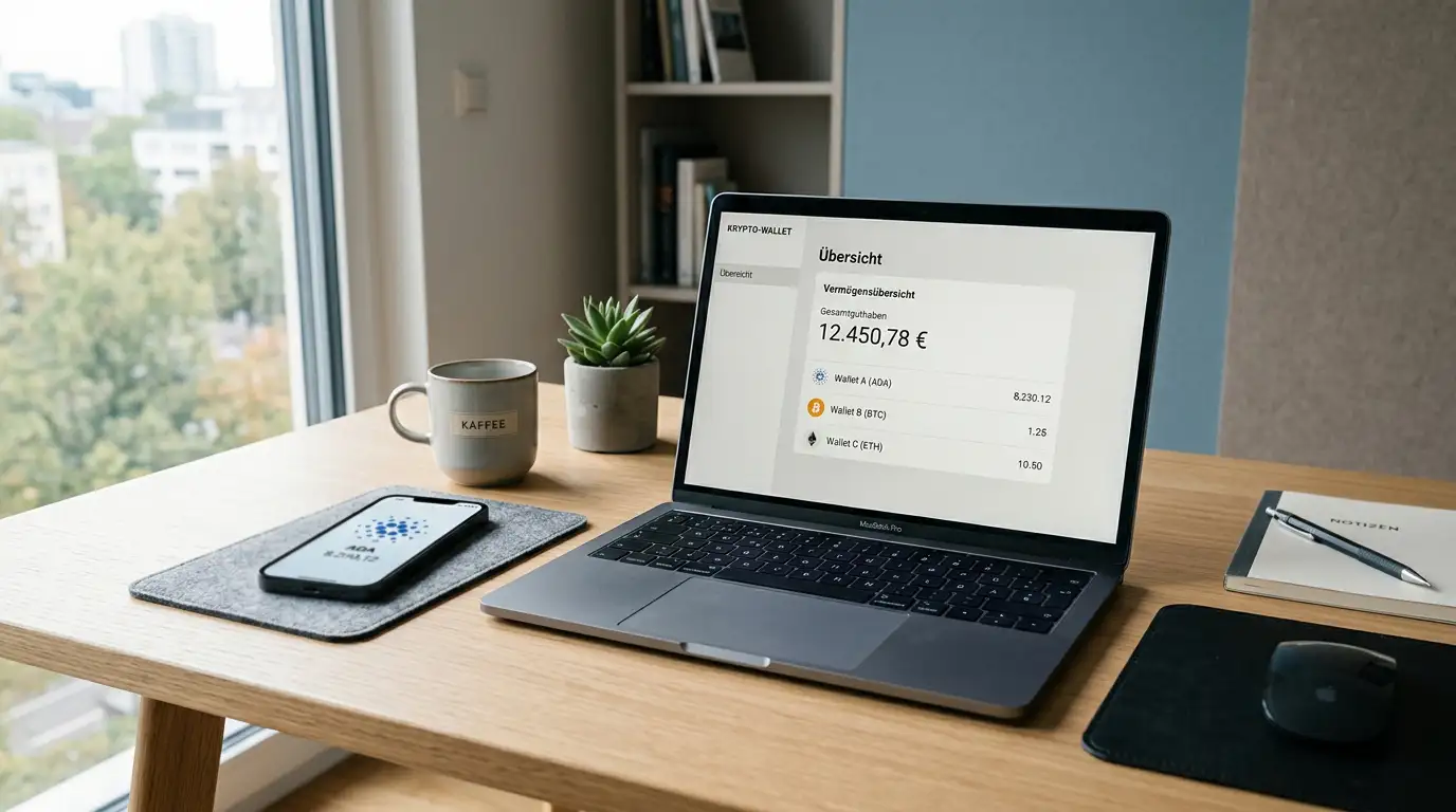 Schreibtisch mit Laptop und Cardano-Transaktionsbeleg auf dem Bildschirm