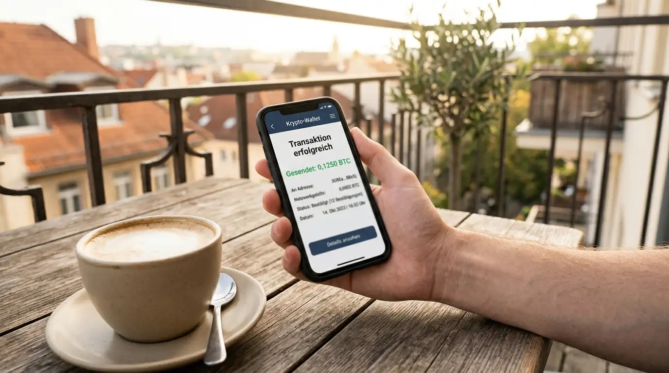 Hand hält Smartphone mit Wallet-Transaktionsansicht auf einem sonnigen Balkon