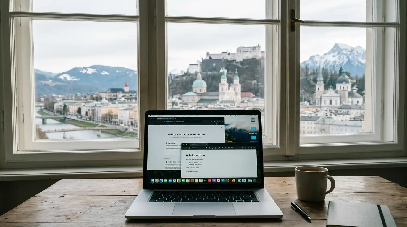 Blick auf eine ruhige österreichische Stadtsilhouette mit Laptop im Vordergrund