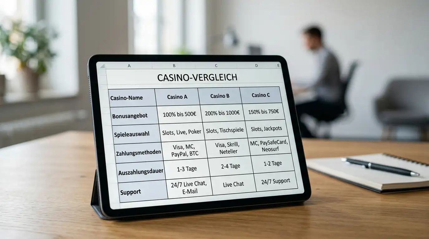 Vergleichstabelle auf Tablet-Bildschirm mit Casino-Optionen nebeneinander