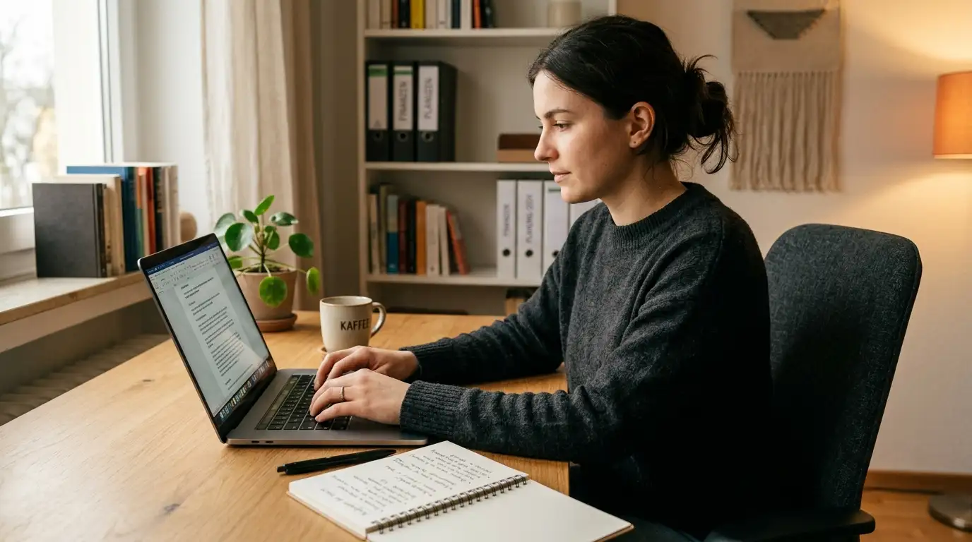 Person am Laptop schreibt Beschwerde: Notizbuch mit Stichworten, ruhiger Büro-Hintergrund