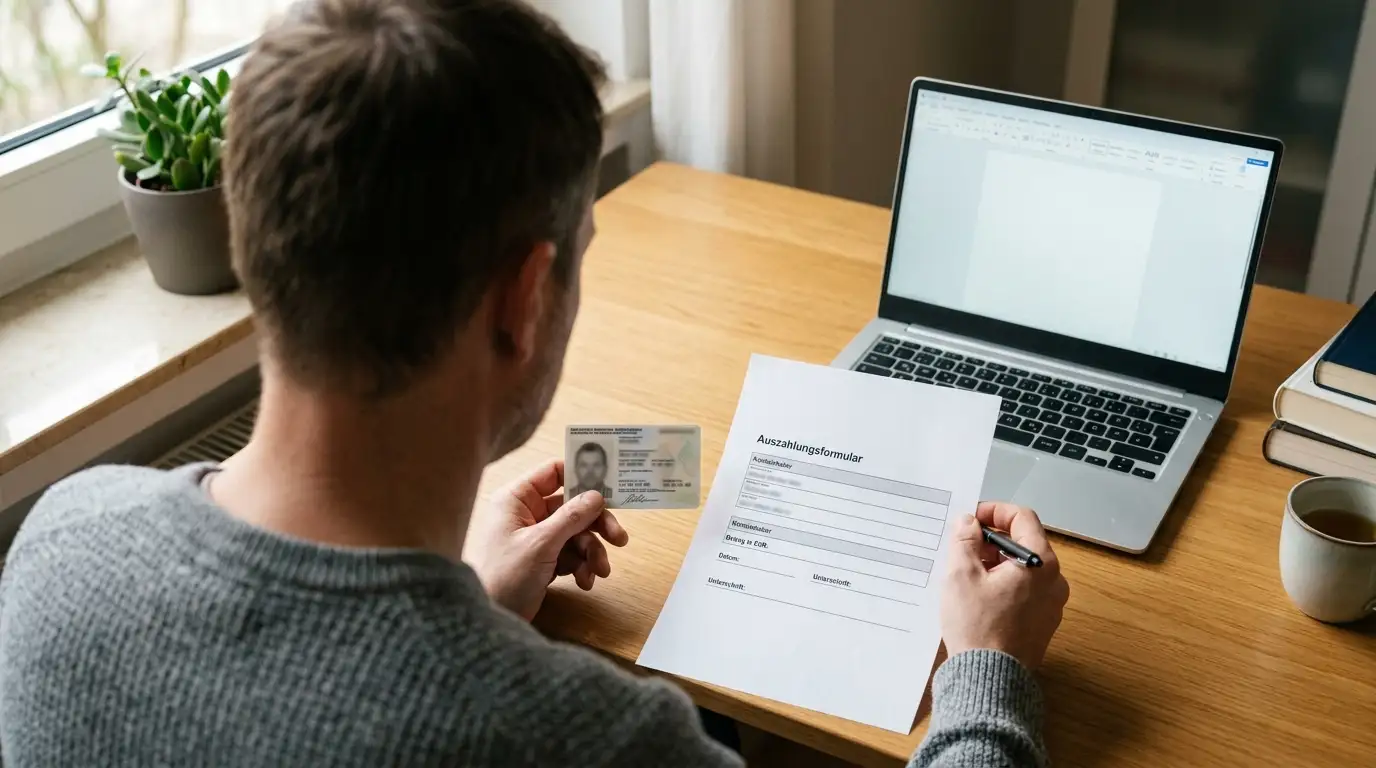 Erwachsene Person prüft Ausweisdokument und Auszahlungsformular am Laptop