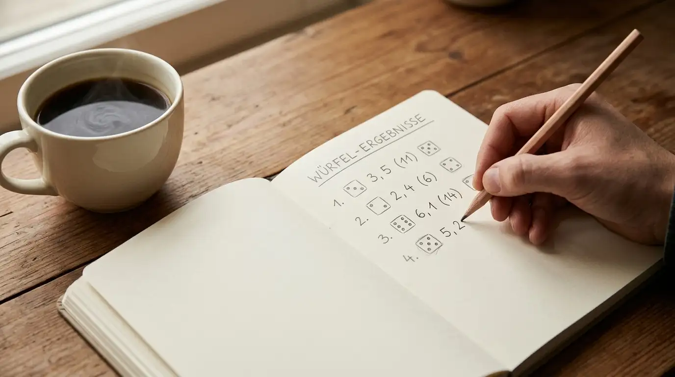 Notizbuch mit handgeschriebener Bonusrechnung, Bleistift und Kaffeetasse, schlichte Schreibtischumgebung
