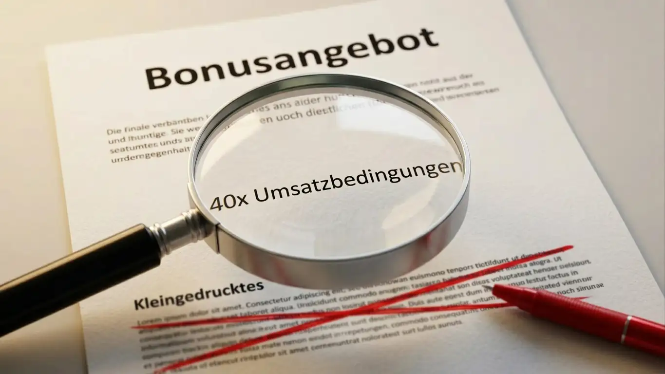 Bonusangebot mit Lupe auf Umsatzbedingungen 40x und durchgestrichenen Kleingedruckten