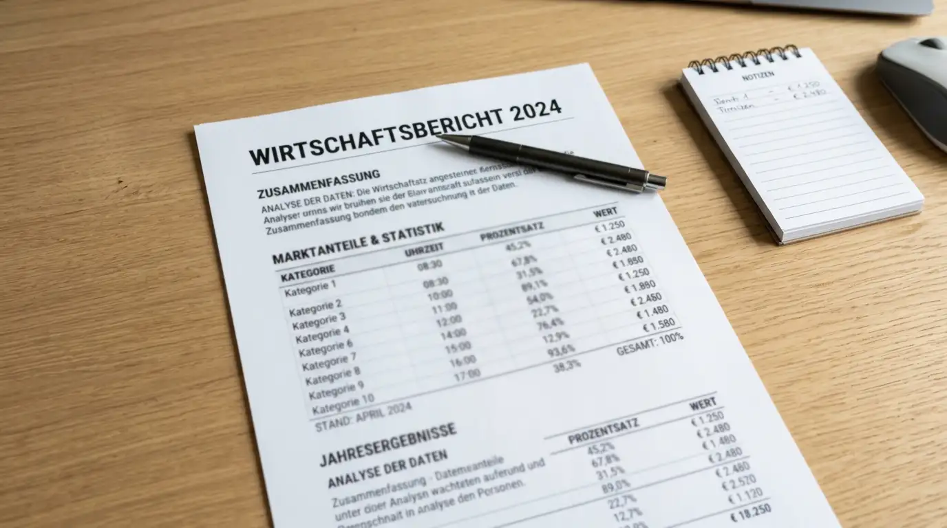 Dokument mit Bonusbedingungen auf Schreibtisch: Stift und Notizblock, Zahlen und Prozentangaben sichtbar