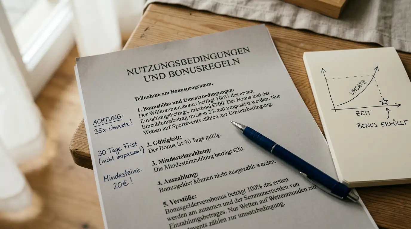 Aufgeschlagenes Bonusdokument mit Umsatzbedingungen und handschriftlichen Notizen zur Steuerfrage