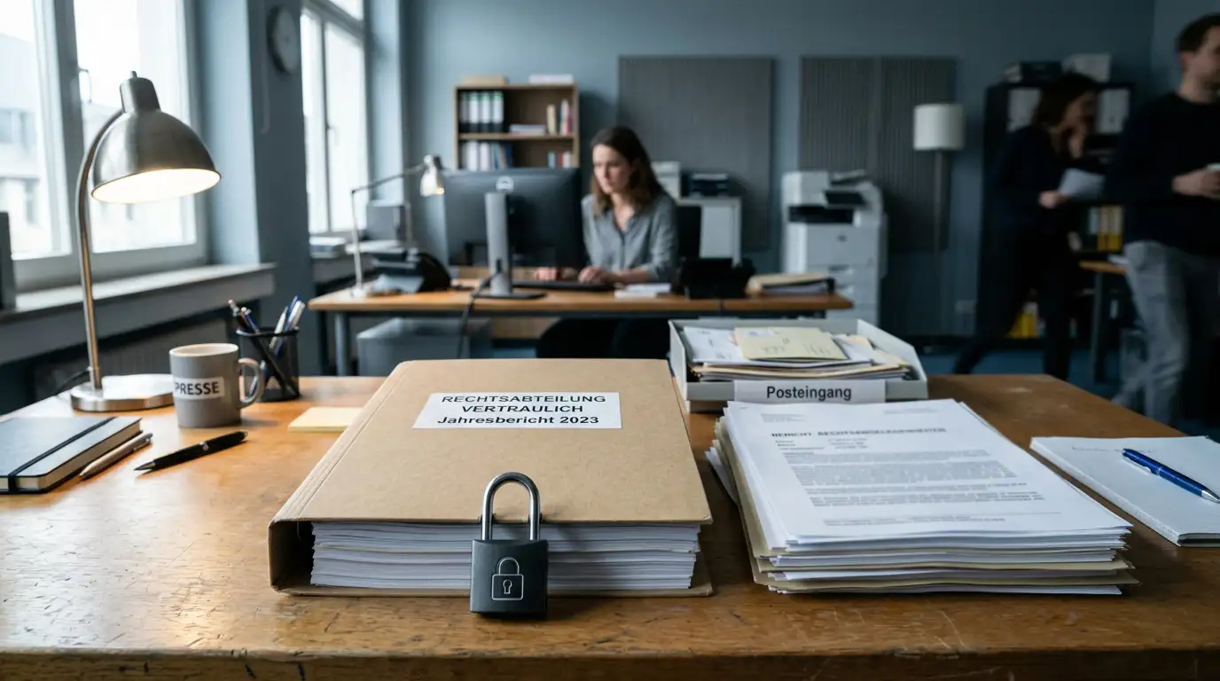 Ordner mit geschützten Dokumenten und neutralem Datenschutzsymbol im Büro