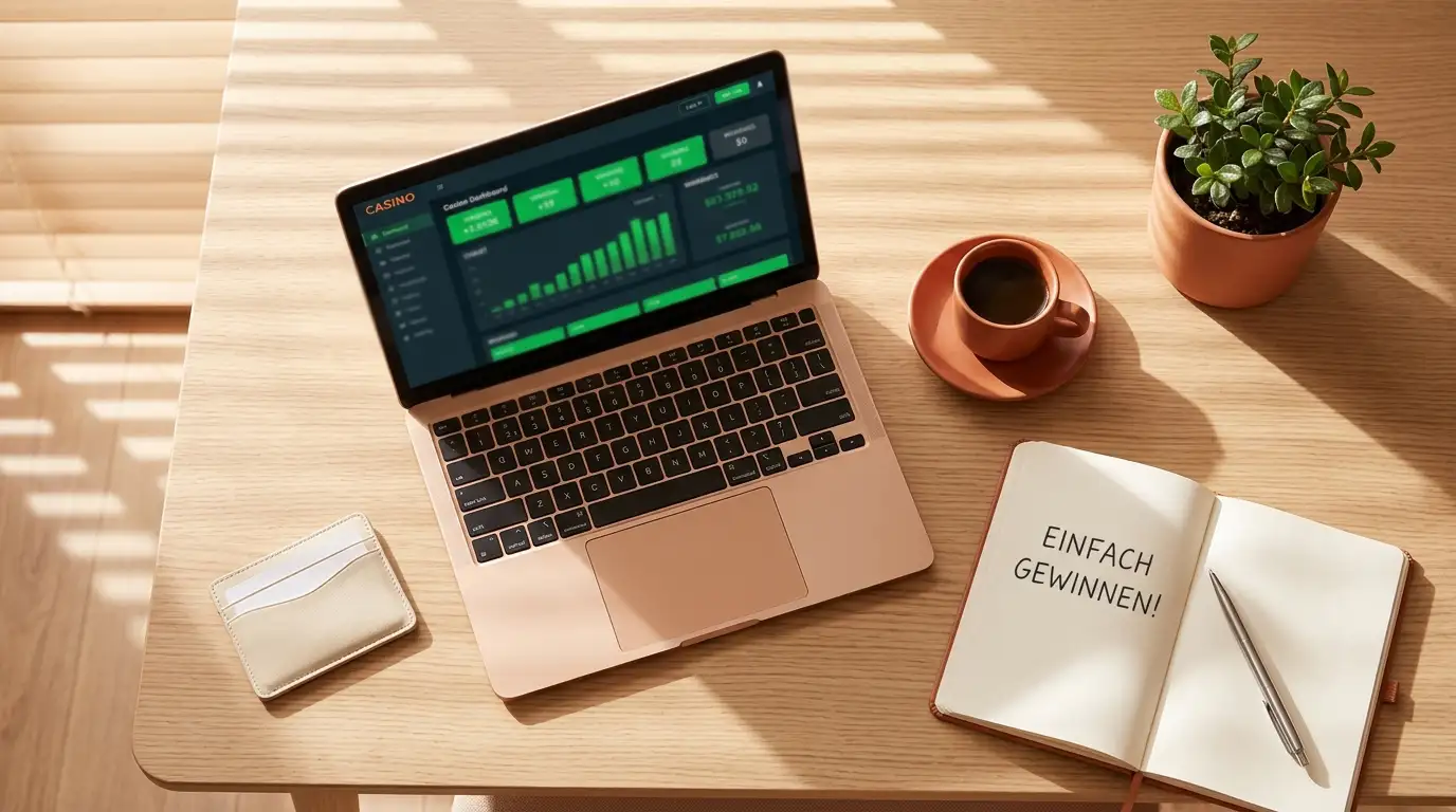 Minimalistischer Schreibtisch von oben fotografiert, Laptop zeigt Casino-Dashboard mit grünen Gewinn-Indikatoren, daneben Kaffeetasse, Notizbuch und Pflanze, warmes Morgenlicht durch Jalousien, produktive Atmosphäre