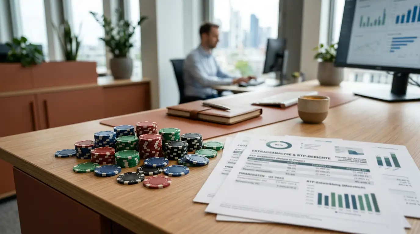 Casino-Chips und RTP-Statistik auf einem professionellen Analysedokument