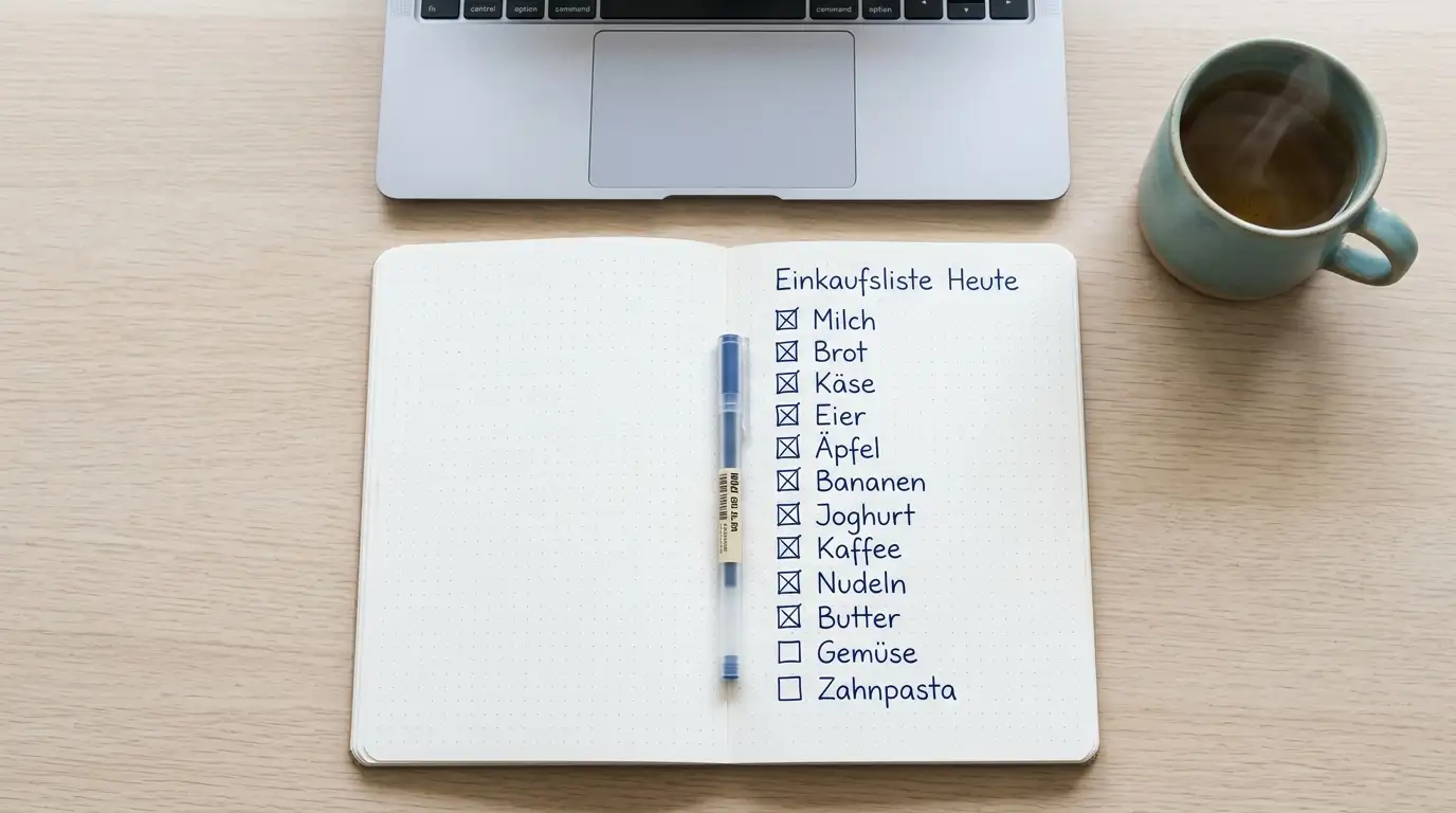 Notizbuch mit handschriftlicher Kriterienliste zur Anbieterauswahl neben einem aufgeklappten Laptop