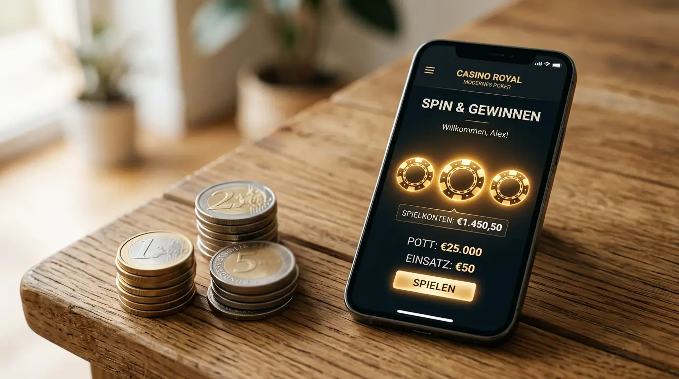 Ein modernes Smartphone zeigt eine minimalistische Casino-App-Oberfläche mit leuchtenden goldenen Chip-Symbolen, daneben liegen Euromünzen in 1€ und 5€ Stückelung auf warmem Holztisch, weiches natürliches Seitenlicht, elegante Produktfotografie