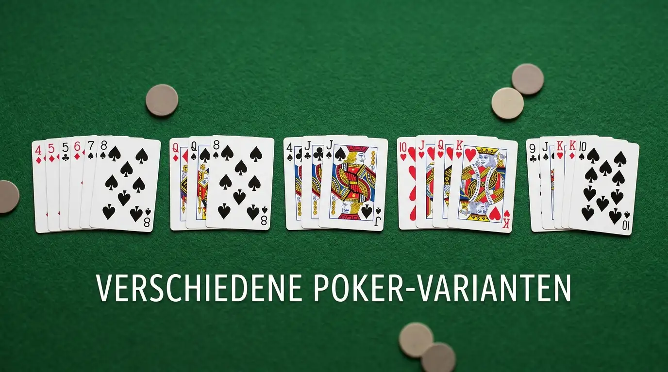 Fünf Kartenblätter der Casino-Poker-Varianten nebeneinander auf grünem Filz