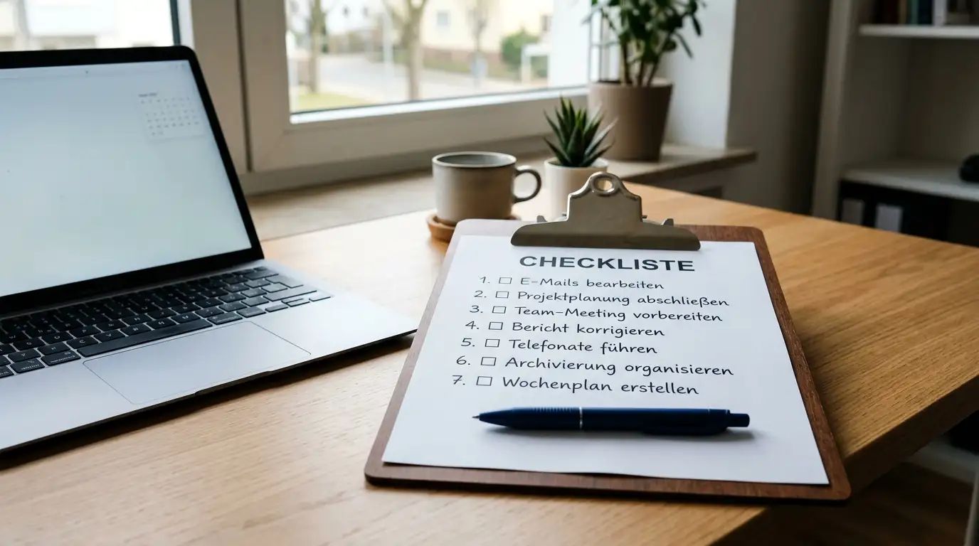 Checkliste auf einem Klemmbrett neben einem Laptop – Sicherheitsprüfung eines Online-Casinos