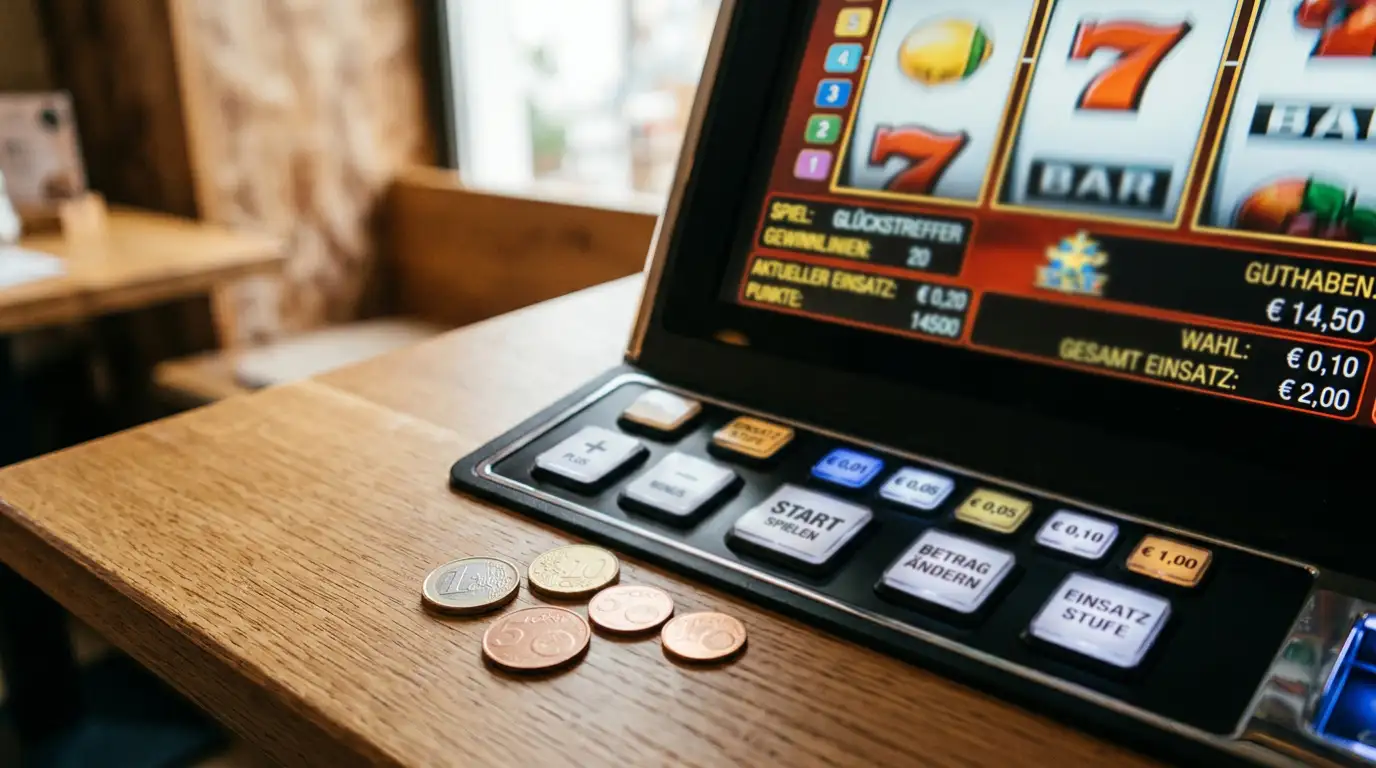 Spielautomaten mit verschiedenen Einsatzstufen und Euro-Münzen auf einem Tisch