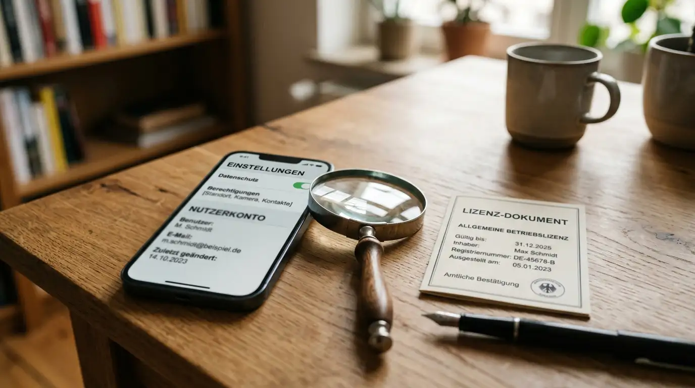 Smartphone-Display mit Offshore-Casino und einer Lupe über einem Lizenzsiegel
