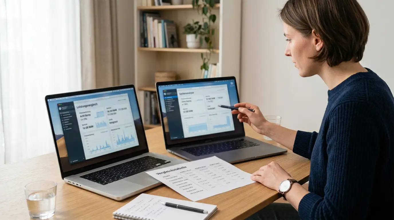 Zwei Laptops nebeneinander mit neutralen Übersichten und einem gedruckten Vergleichsbogen dazwischen