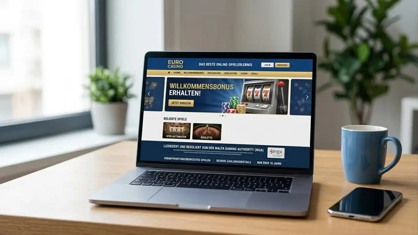 Laptop mit internationaler Casino-Website und maltesischer Lizenz im Hintergrund