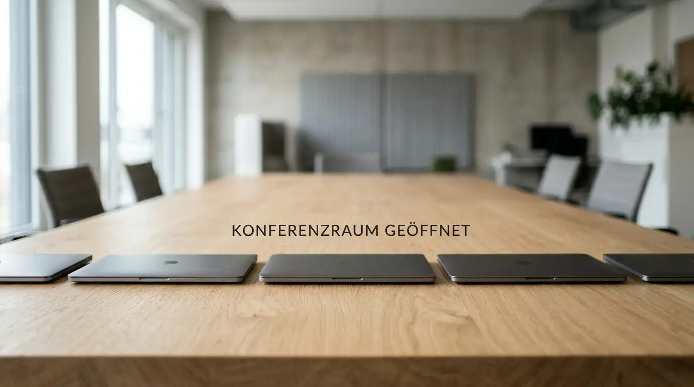 Reihe von Laptops auf einem Konferenztisch, neutral dargestellt ohne Logos
