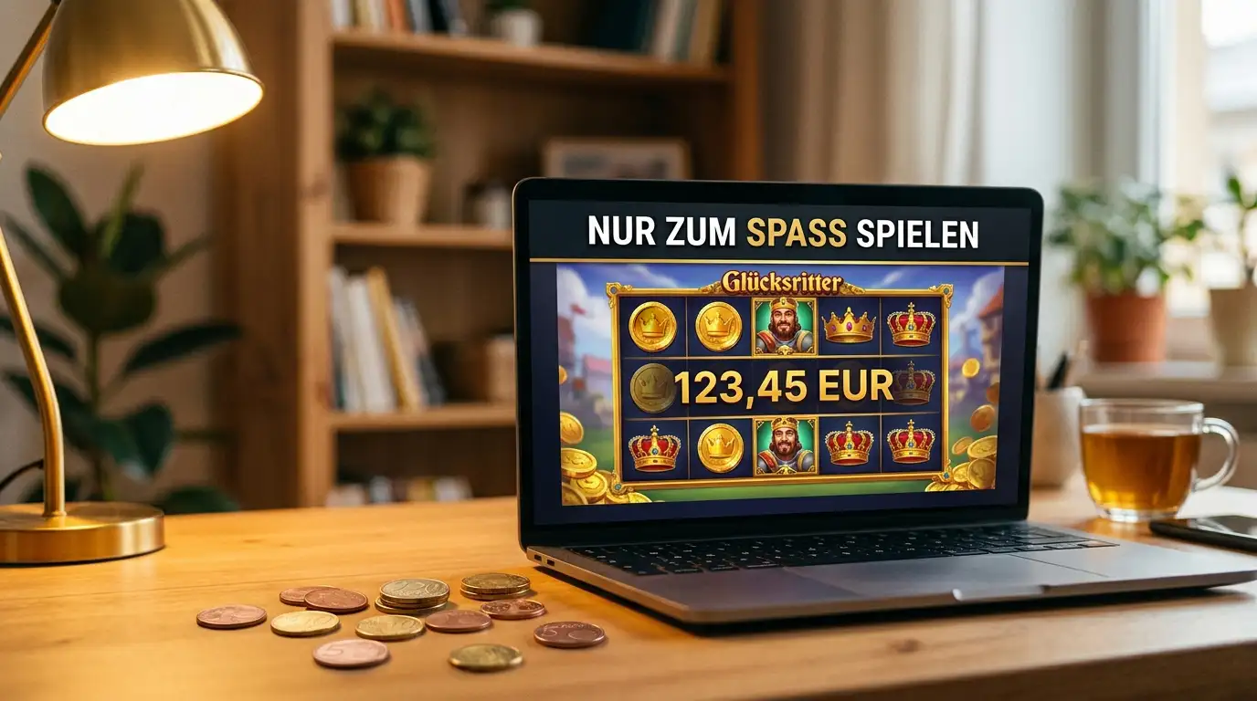 Nahaufnahme eines Laptop-Bildschirms mit buntem Slot-Game-Interface, im Vordergrund liegen kleine Euro-Cent-Münzen arrangiert, warme Schreibtischlampe, gemütliche Home-Office-Atmosphäre, flache Schärfentiefe