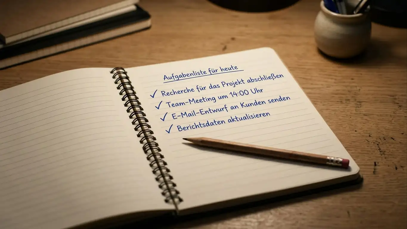 Checkliste auf einem Notizblock mit vier Prüfpunkten
