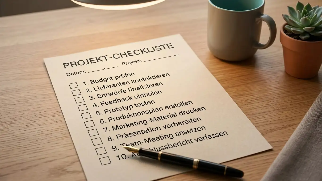 Strukturierte Checkliste mit Stift und Notizbuch auf einem Schreibtisch vor dem Laptop