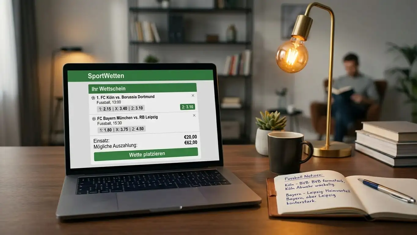 Heimisches Arbeitszimmer mit Laptop und analogem Notizblock mit Sportnotizen