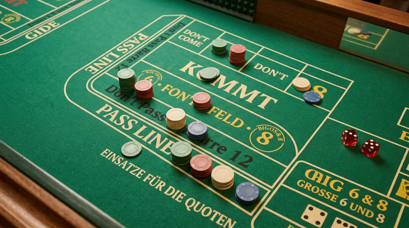 Craps Wettfelder mit Pass Line und Odds Bereich auf dem Filz