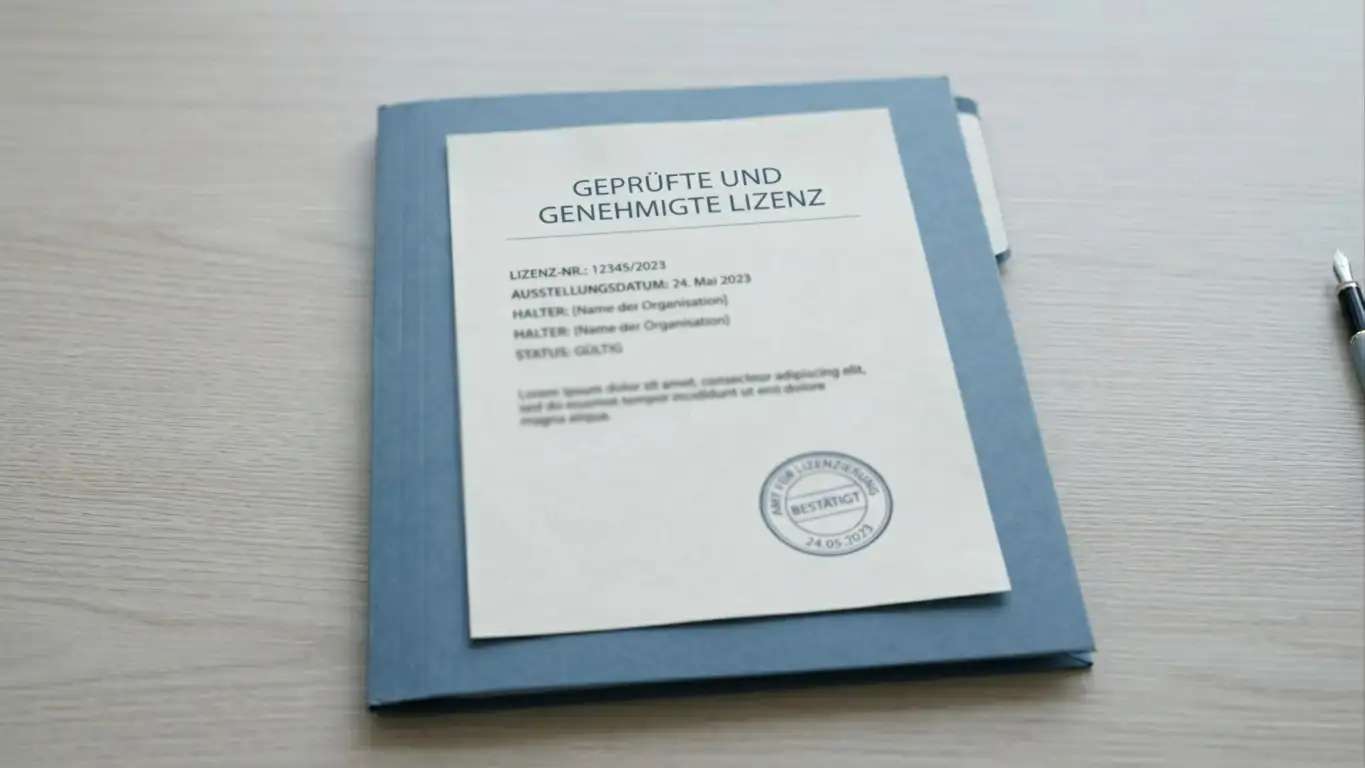 Ordner mit offiziellen Lizenz­dokumenten und einem Stempel ohne erkennbares Wappen