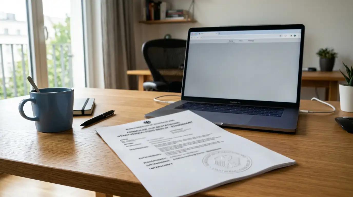 Moderne Schreibtischszene mit einem Laptop und einem offiziellen deutschen Konzessionsdokument im Fokus