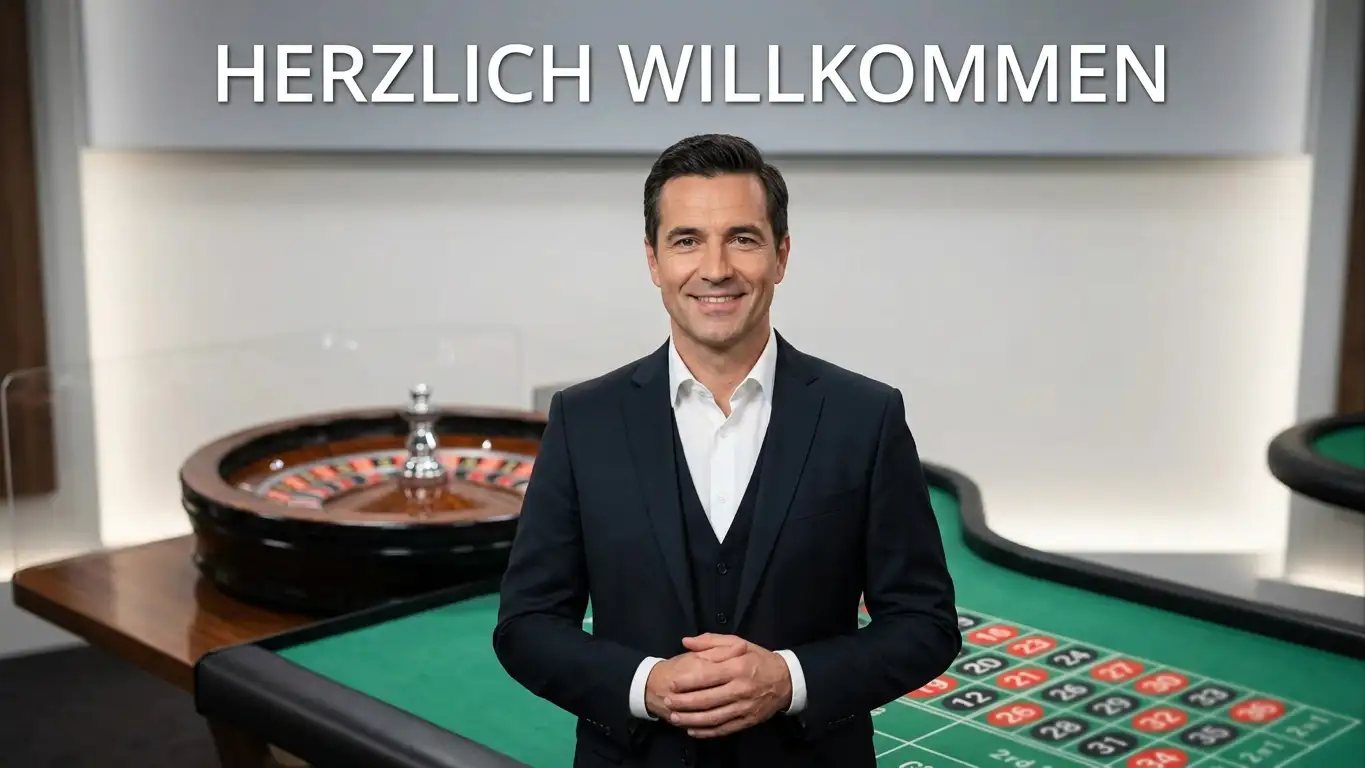 Deutschsprachiger Croupier am Live-Roulette-Tisch im hellen Studio