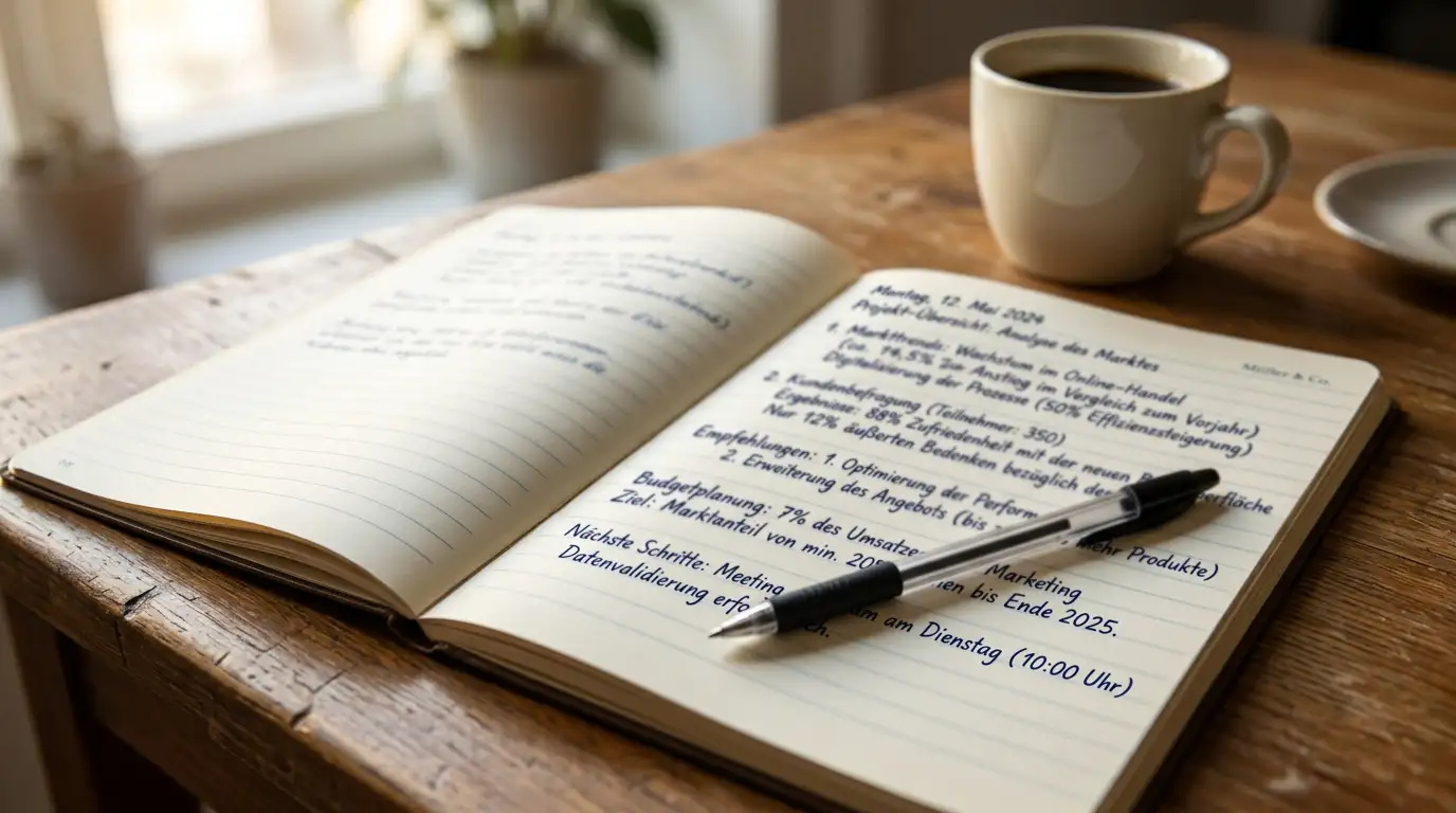 Aufgeschlagenes Notizheft mit handschriftlichen Bonusbedingungen und Prozentzeichen