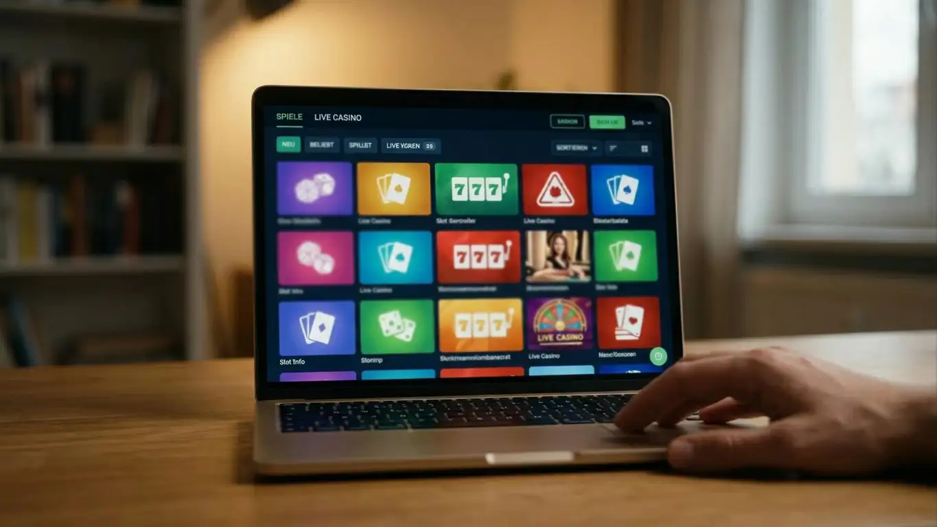 Laptopbildschirm mit einer Rasterübersicht bunter Slot- und Live-Casino-Kacheln