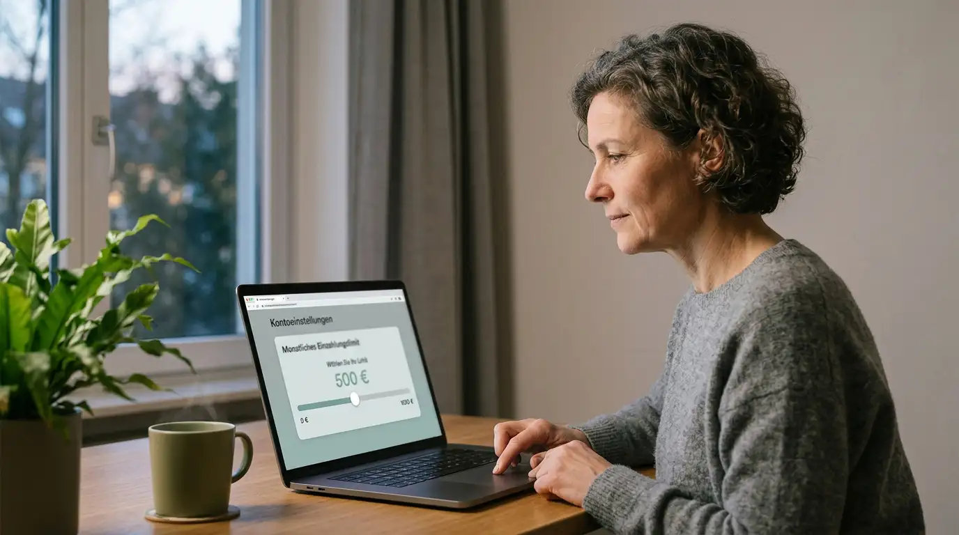 Person am Schreibtisch stellt an einem Laptop ein Einzahlungslimit im Kontobereich ein