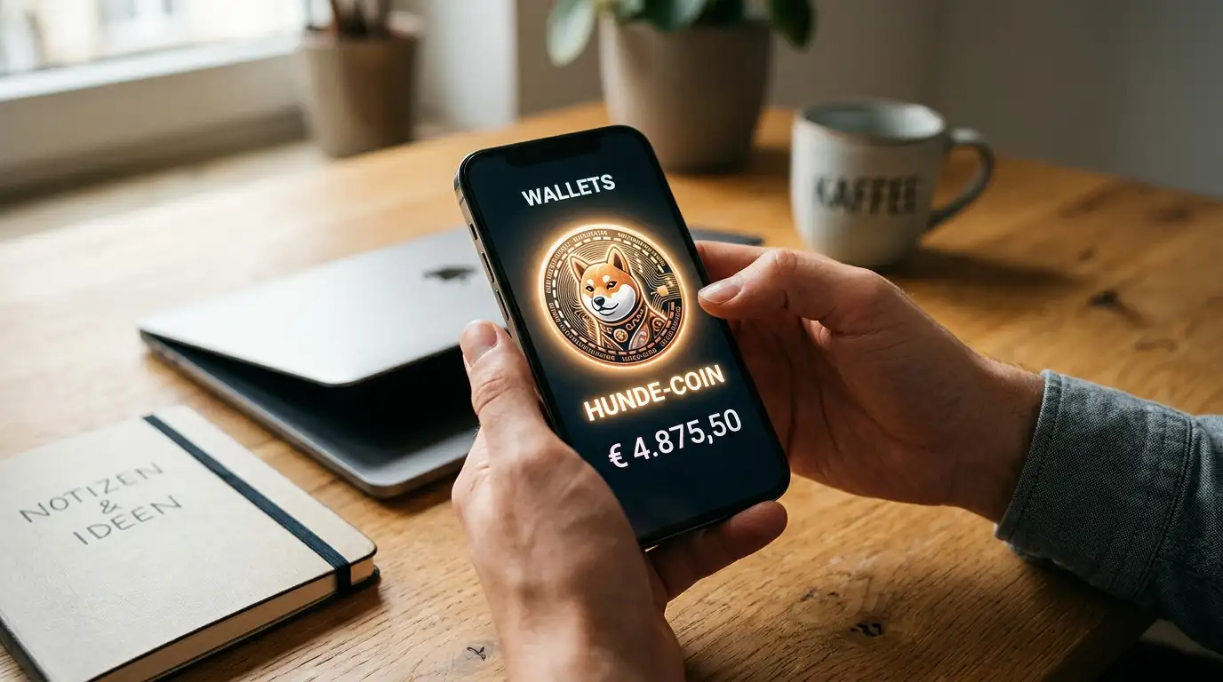Hände halten eine Smartphone-Wallet mit leuchtendem Dogecoin-Symbol vor unscharfem Schreibtisch