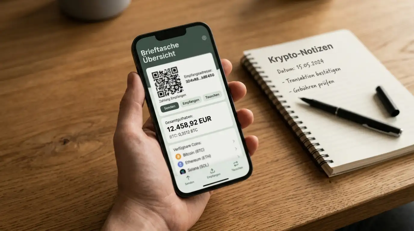Smartphone mit geöffneter Krypto-Wallet und QR-Code neben einem Notizblock