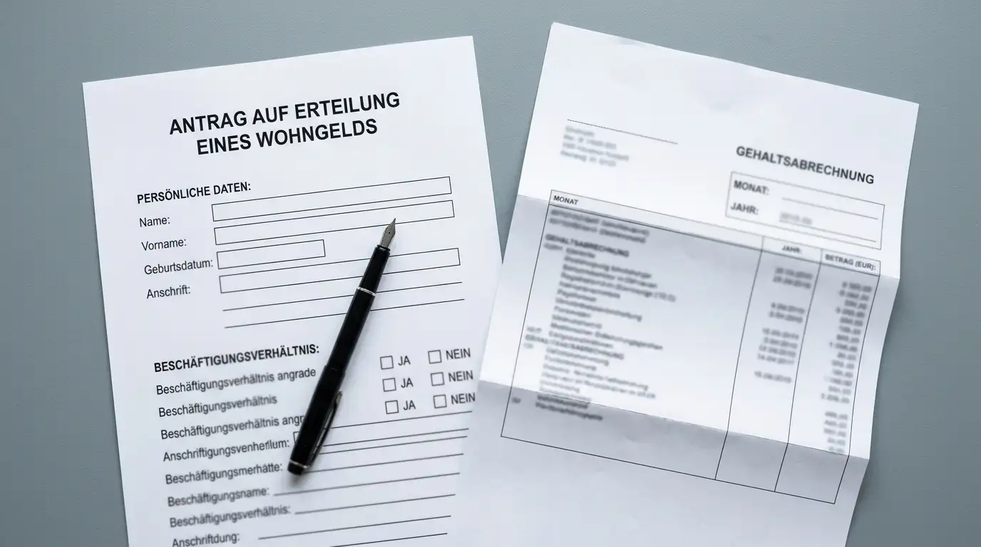 Antragsformular mit Einkommensnachweis auf einem Schreibtisch