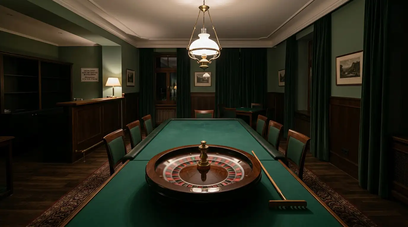 Leerer Spieltisch mit Roulettekessel in einem abgedunkelten Raum