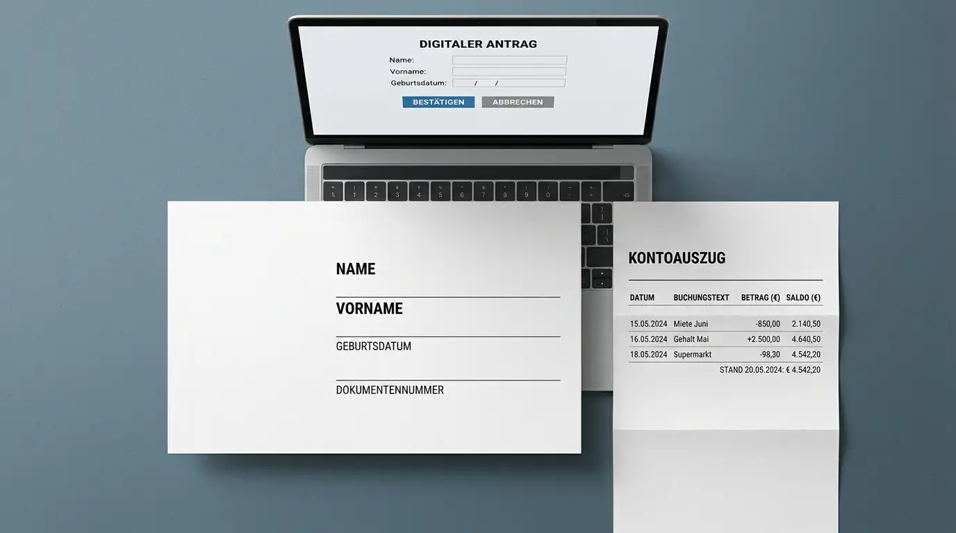 Ausweisdokument und Kontoauszug neben einem Laptop