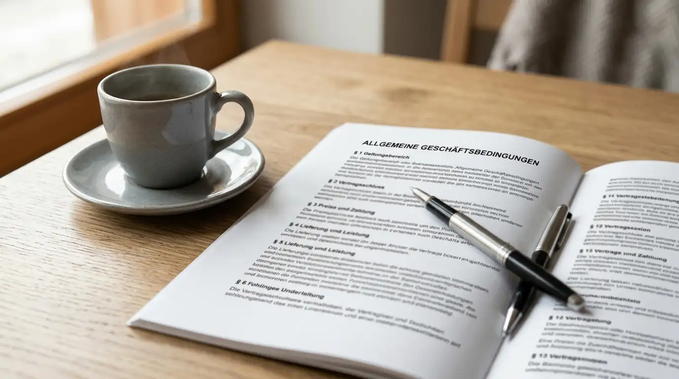 Nahaufnahme eines aufgeschlagenen Kleingedruckten mit Stift und Kaffeetasse