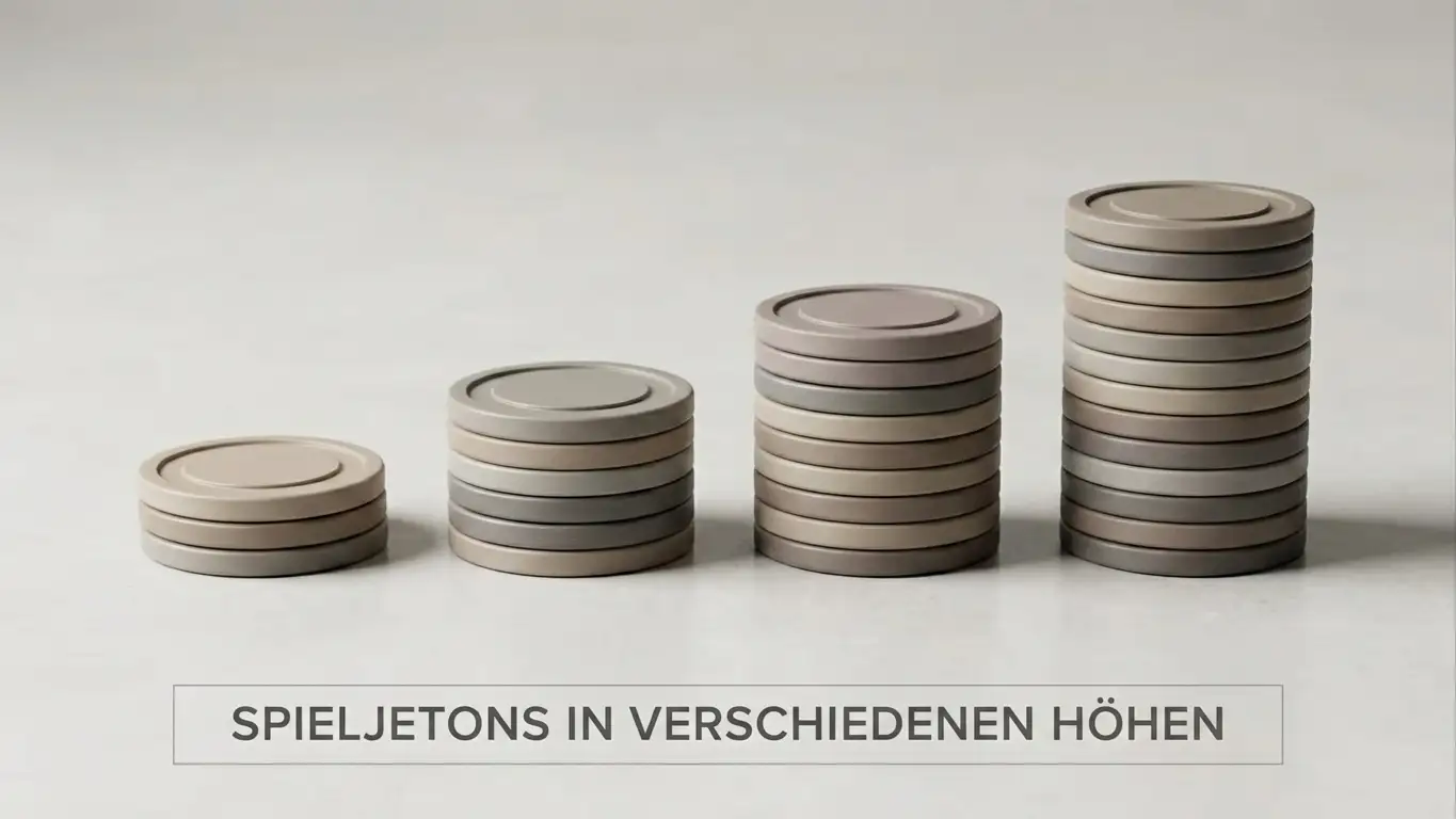 Vier unterschiedlich hohe Stapel neutraler Spielmarken ohne Wertaufdruck